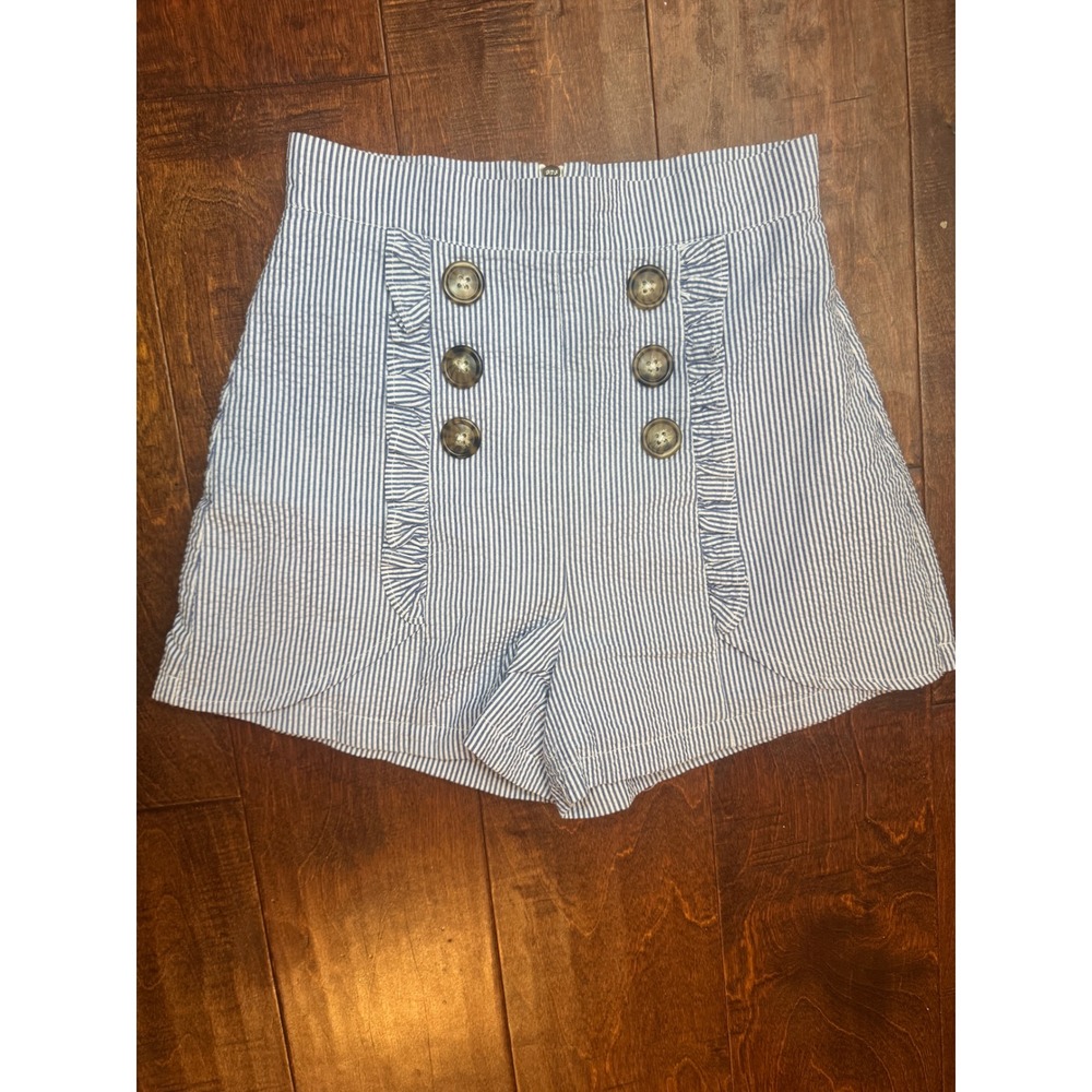 Lauren James Seersucker Sailor Shorts Blue White Striped Ruffle High Waist XS